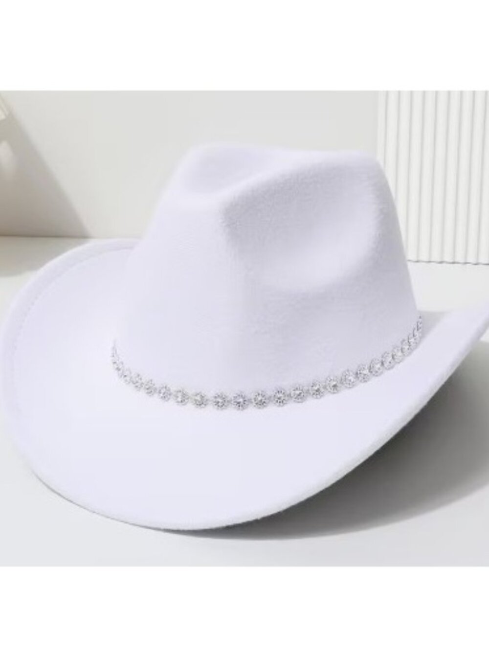 A767-New White Felt Cowboy/Cowgirl Hat with Rhinestone Flower Adjustable Band